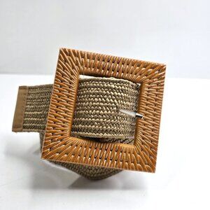 Women's Boho Beach Brown Beige Woven Elastic Straw Like Elastic Big Buckle Belt